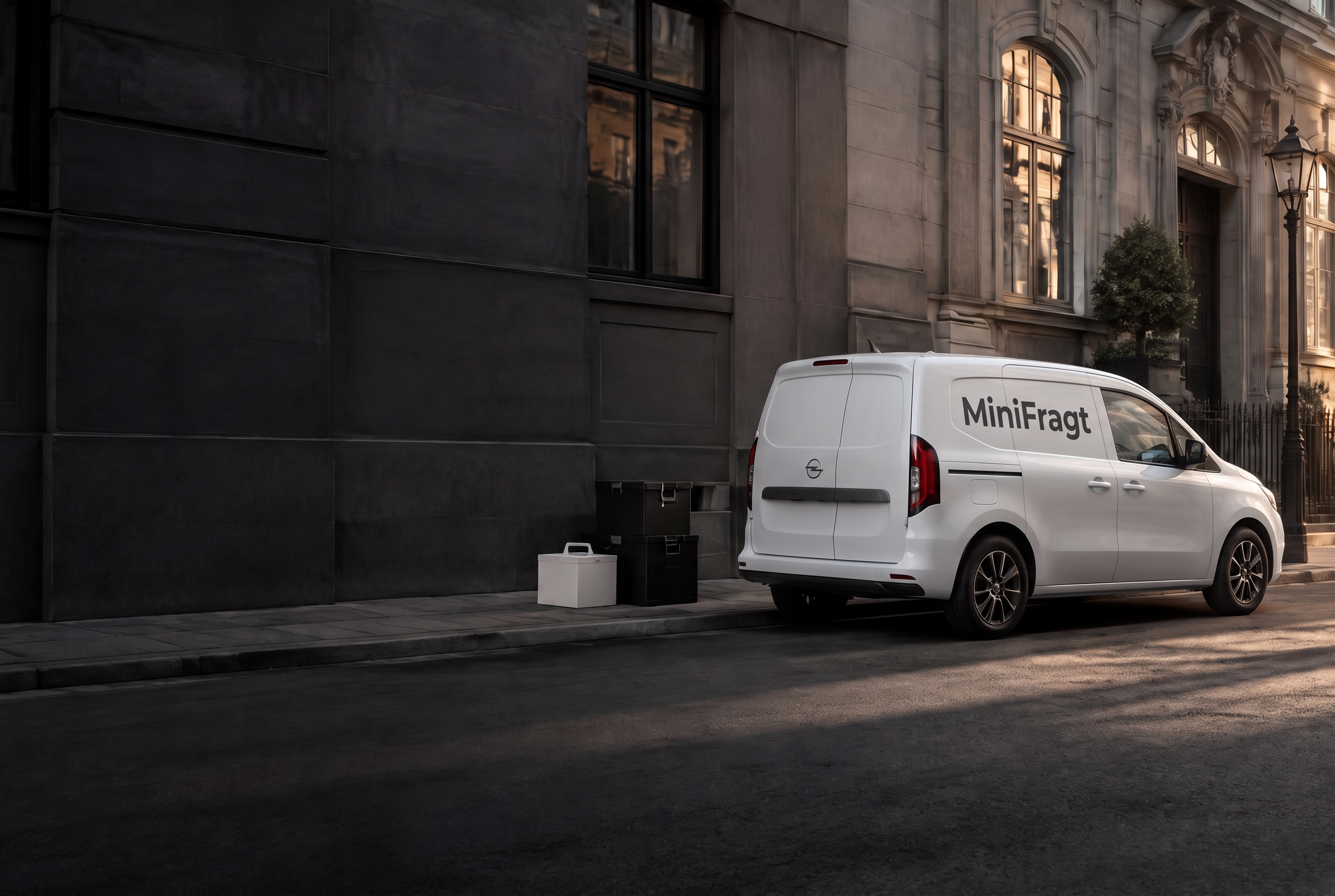 Hvid varevogn med MiniFragt på siden og cateringkasser på en københavnsk gade